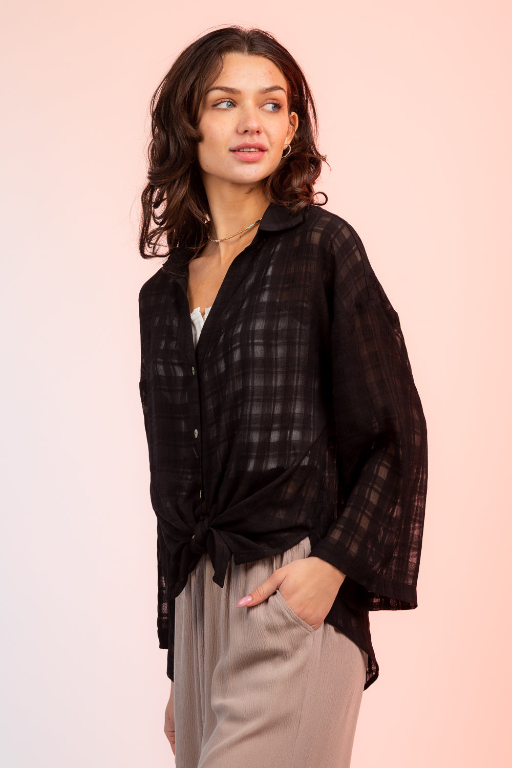 Sheer Plaid Long Sleeve Blouse - 2 Colors!