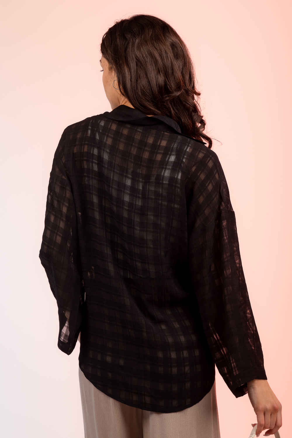 Sheer Plaid Long Sleeve Blouse - 2 Colors!