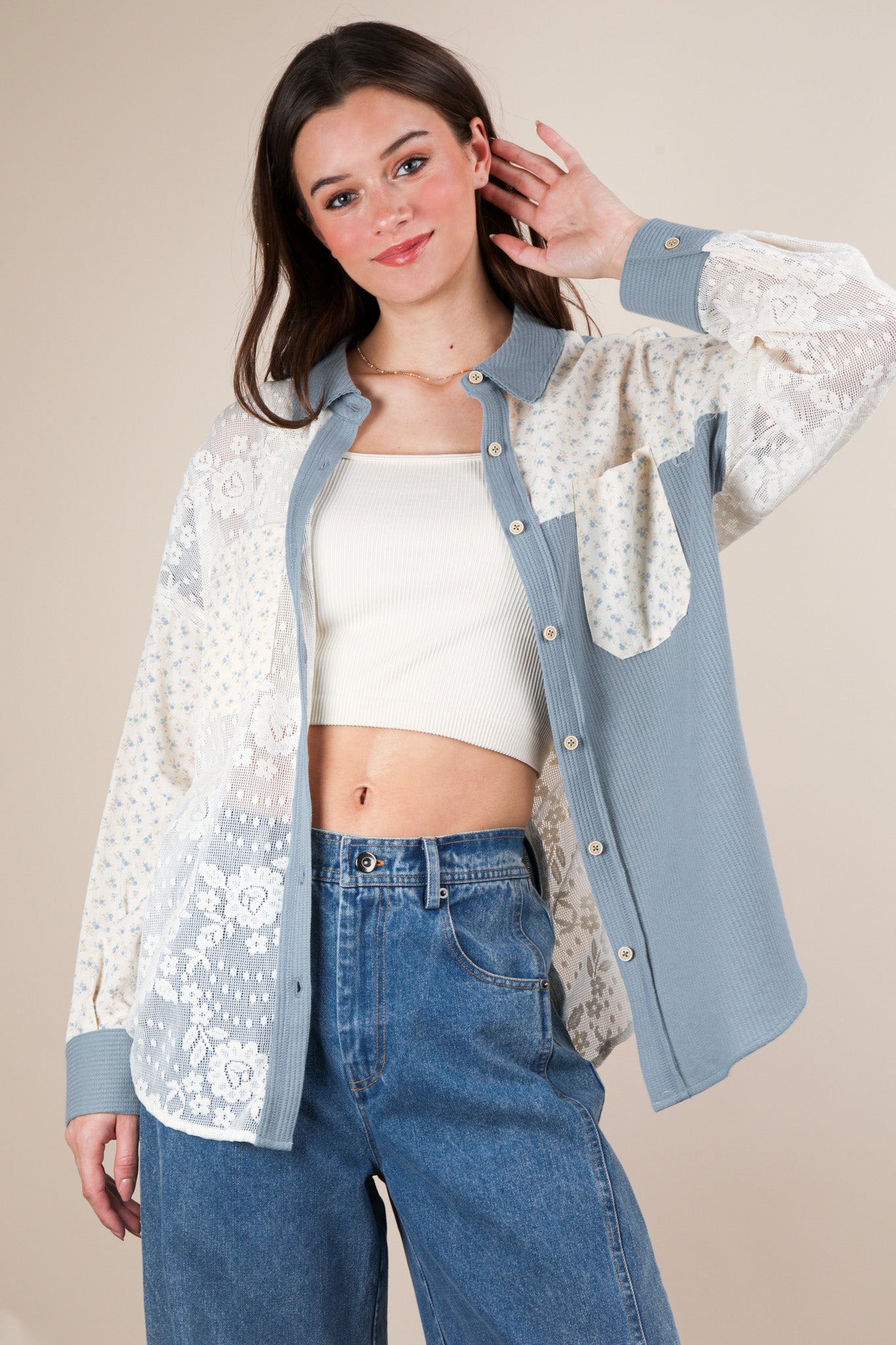 Ribbed Knit & Lace Shacket