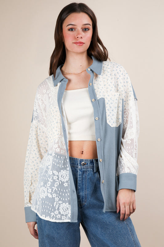 Ribbed Knit & Lace Shacket