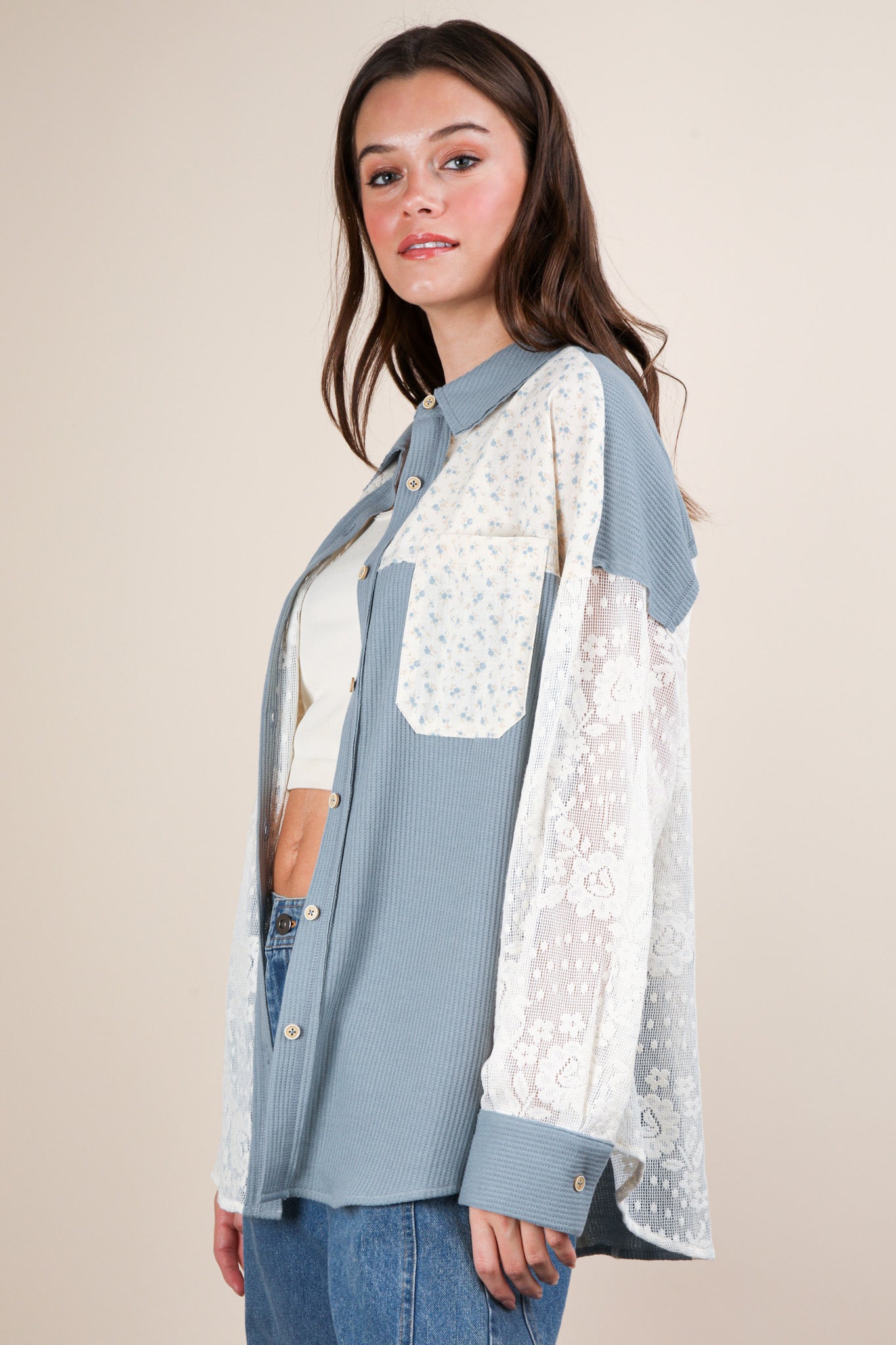 Ribbed Knit & Lace Shacket