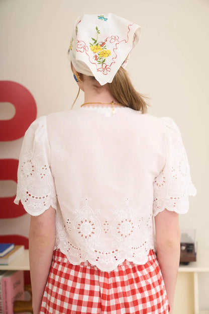 Embroidered Eyelet Scallop Trim Front Tie Crop Top
