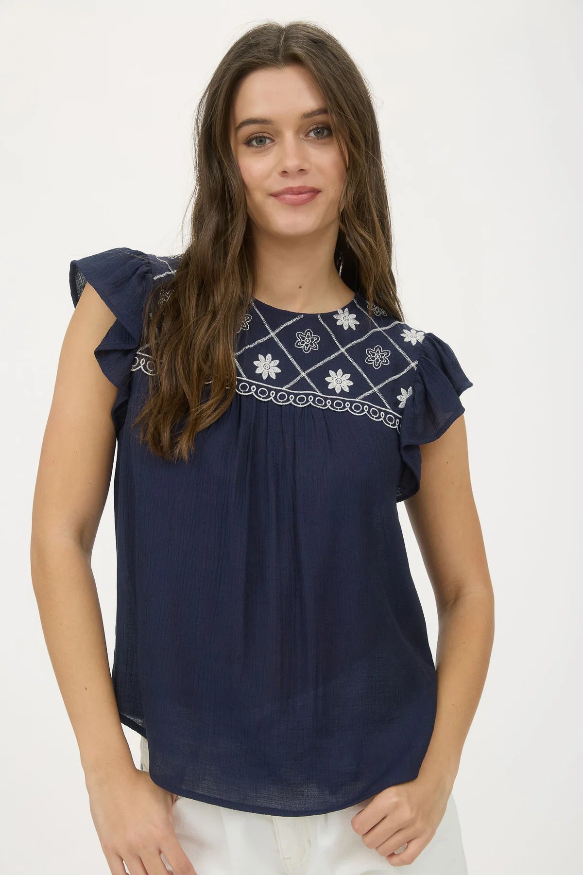 Floral Embroidered Yoke Ruffle Sleeve Top