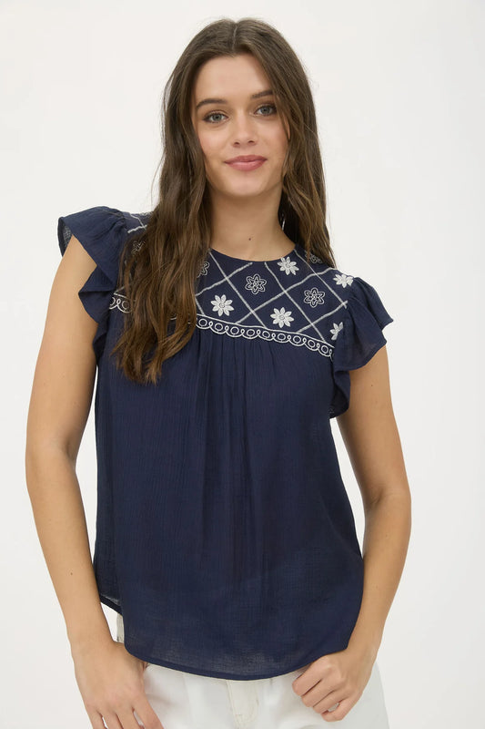Floral Embroidered Yoke Ruffle Sleeve Top