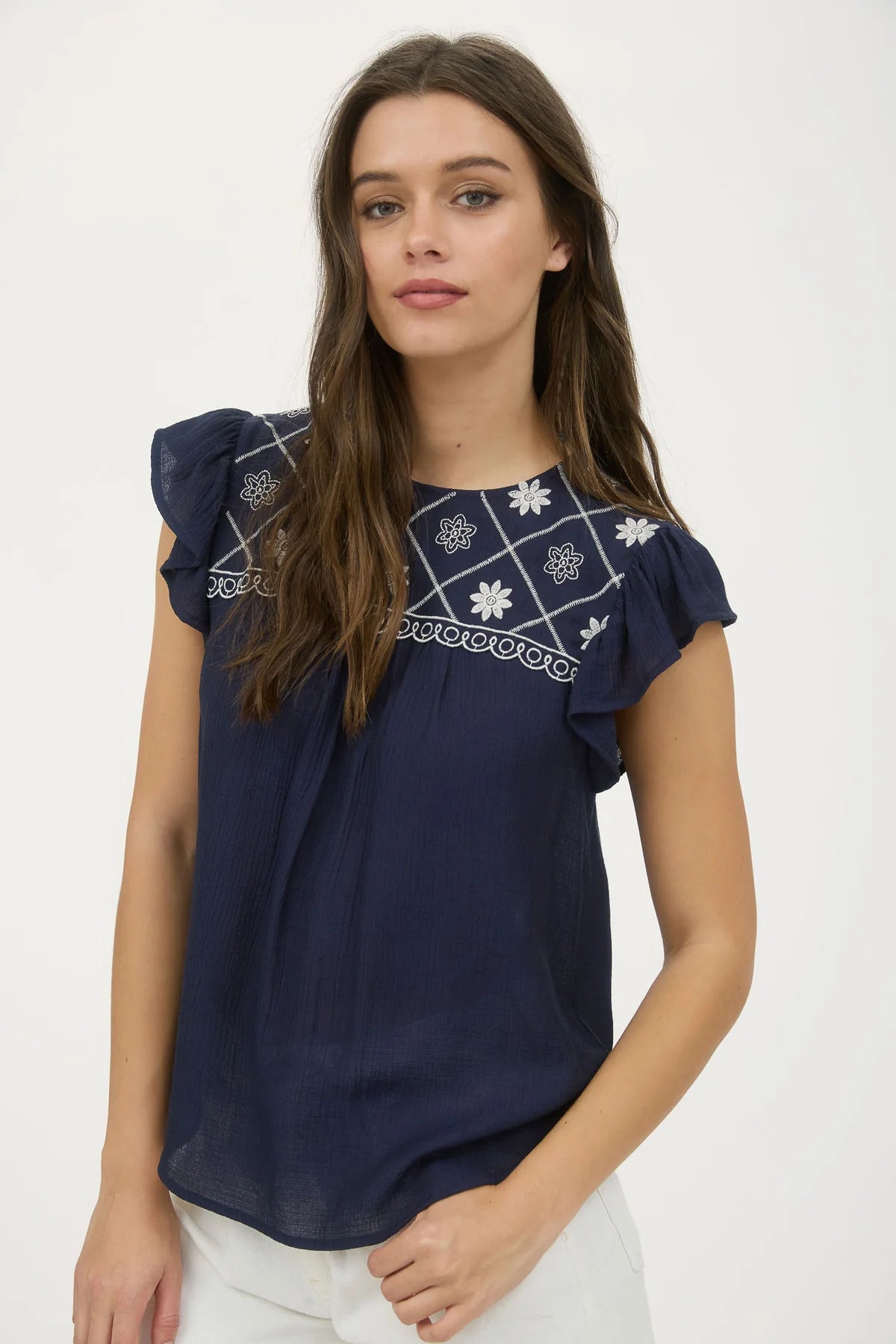 Floral Embroidered Yoke Ruffle Sleeve Top
