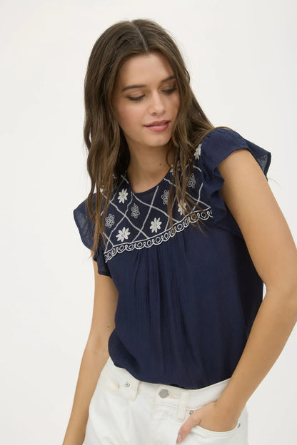 Floral Embroidered Yoke Ruffle Sleeve Top