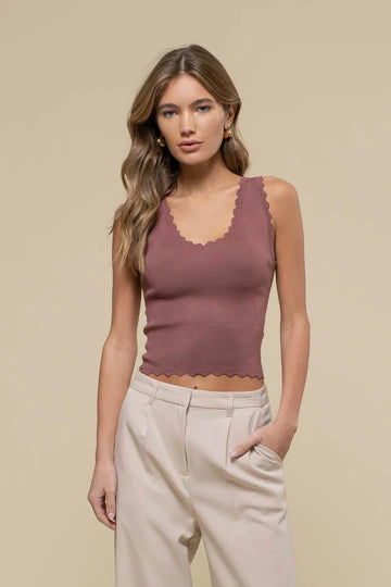 Scallop Edge Sleeveless Sweater Knit Crop Top