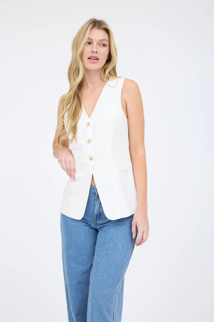 V Neck Long Line Sleeveless Button-Down Blouse