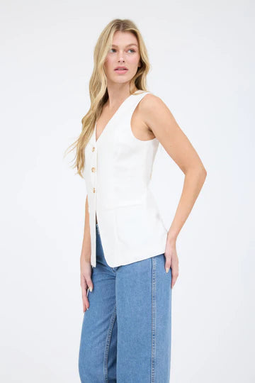 V Neck Long Line Sleeveless Button-Down Blouse
