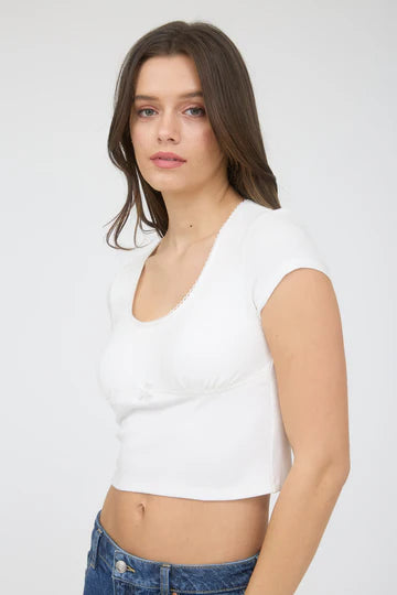 Scallop Scoop Neck Bow Detail Knit Crop Top