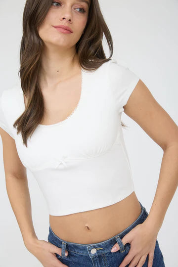 Scallop Scoop Neck Bow Detail Knit Crop Top