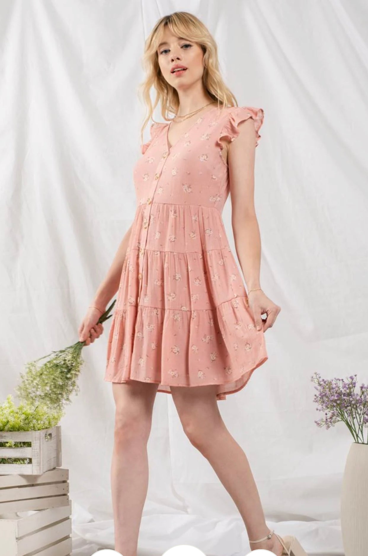 Flower Button Up Tiered Dress