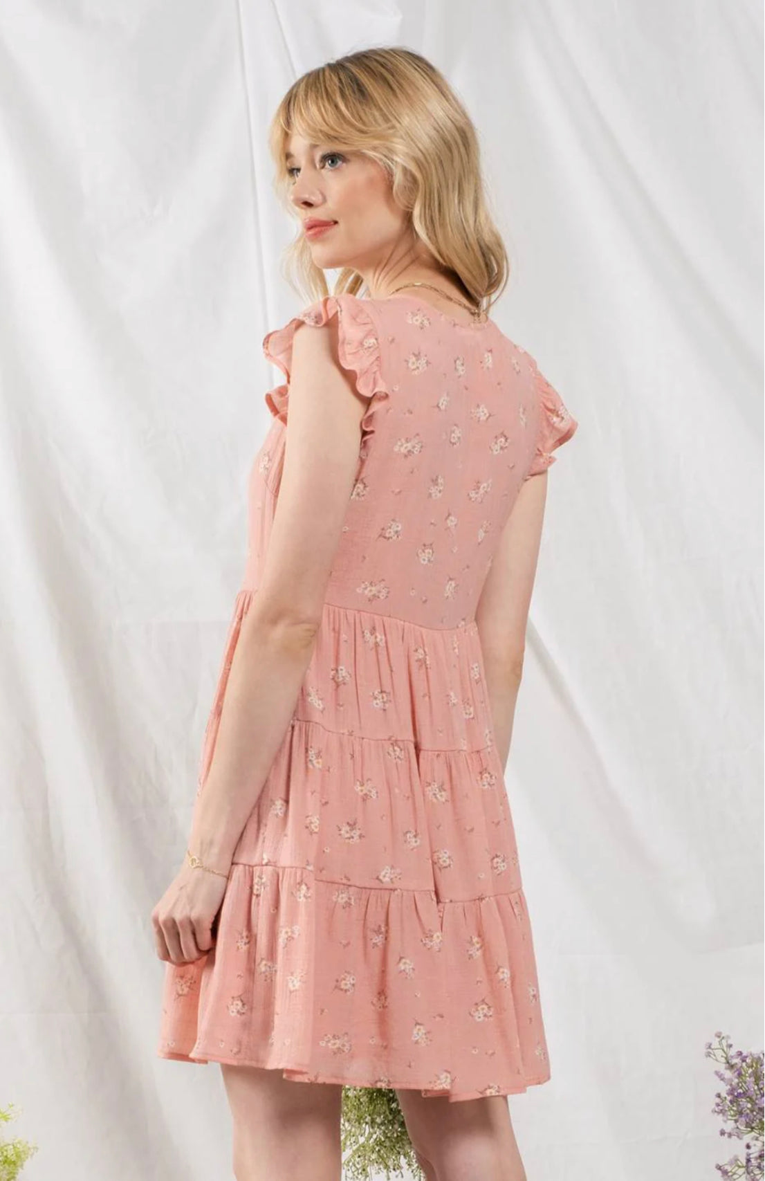 Flower Button Up Tiered Dress