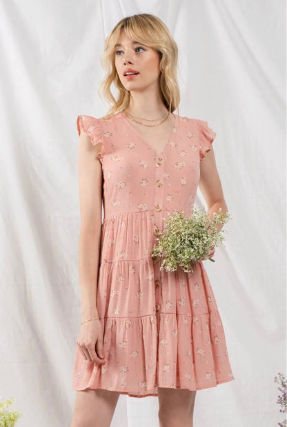 Flower Button Up Tiered Dress