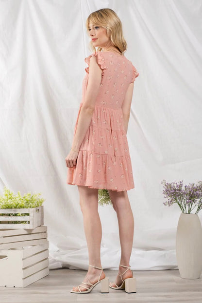 Flower Button Up Tiered Dress